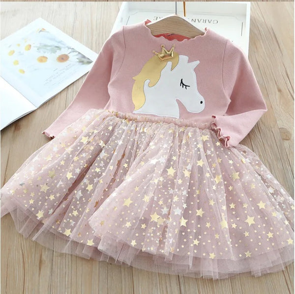 Langärmeliges Einhorn Kleid Rosa